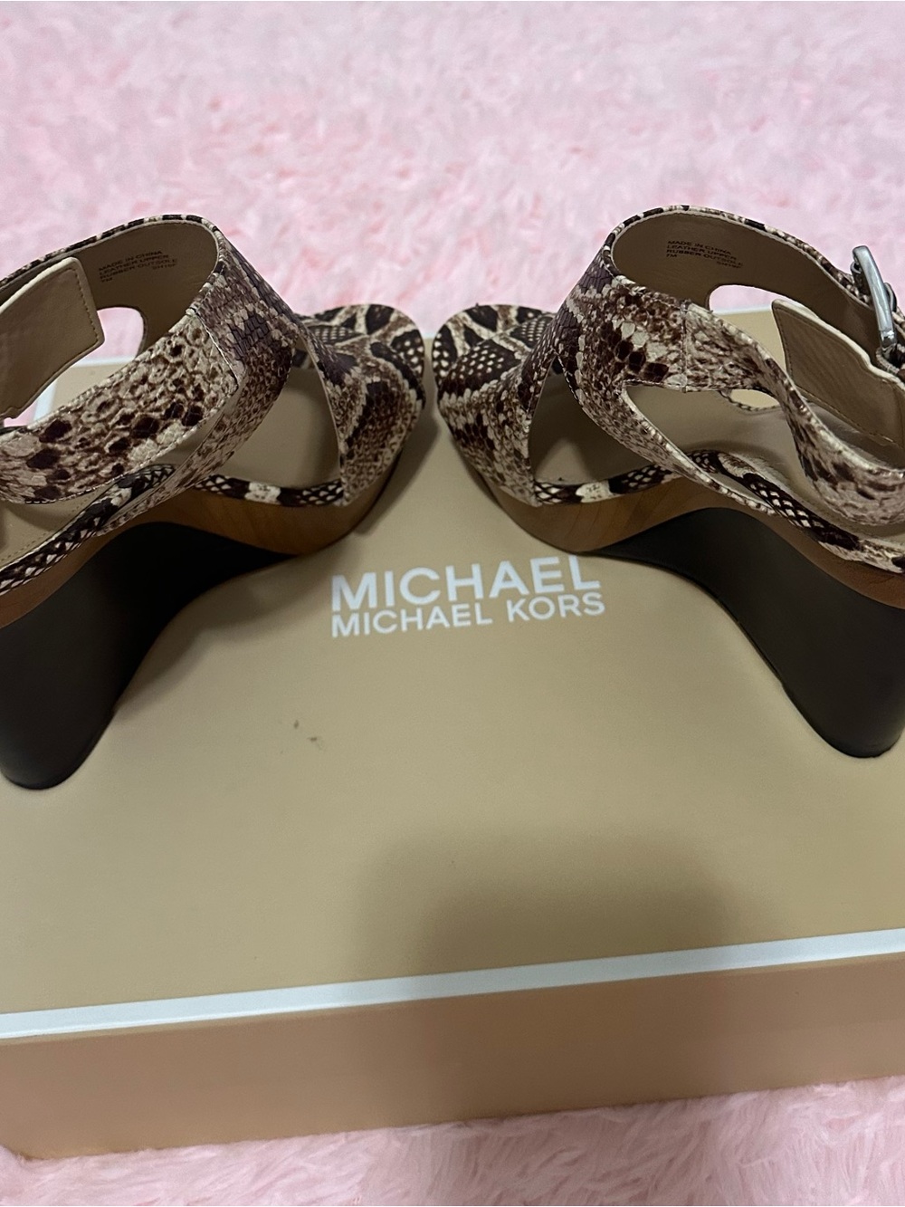 Michael Kors Snake-Print Wedge Sandals in Brown and Cream
